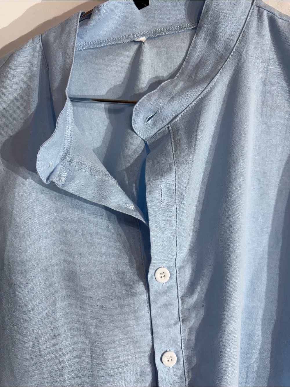 Band Collar Cotton Linen Blend Long Adjustable Sleeve Light Blue Size Small - Picture 9 of 11